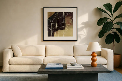 Sun Stems Tile IV by Kathrine Lovell. Displayed in a glass frame with matte in a clean modern living room. Available as an archival giclee rolled canvas, fine art paper, or poster print. SKU 43528a.