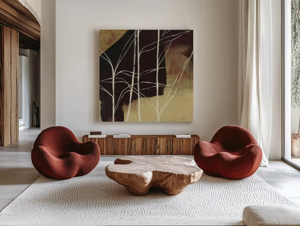 Sun Stems Tile IV by Kathrine Lovell. Shown as extra-large giant wall art in a modern living room. Available as an archival giclee rolled canvas, fine art paper, or poster print. SKU 43528a.