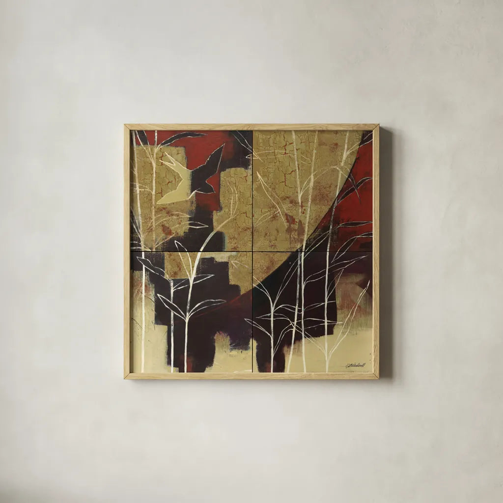 Sun and Stems by Kathrine Lovell. Shown in a natural wood glass frame for a timeless modern aesthetic. Available as an archival giclee rolled canvas, fine art paper, or poster print. SKU 9134a.