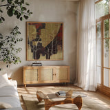Sun and Stems by Kathrine Lovell. Shown in a natural wood frame in a cozy modern living room. Available as an archival giclee rolled canvas, fine art paper, or poster print. SKU 9134a.