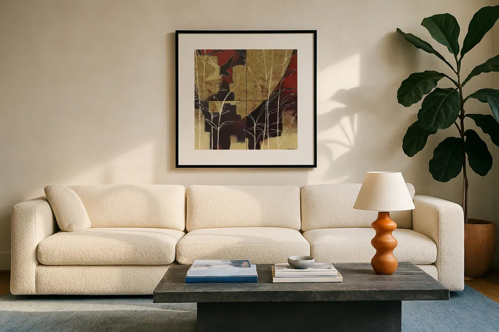 Sun and Stems by Kathrine Lovell. Displayed in a glass frame with matte in a clean modern living room. Available as an archival giclee rolled canvas, fine art paper, or poster print. SKU 9134a.