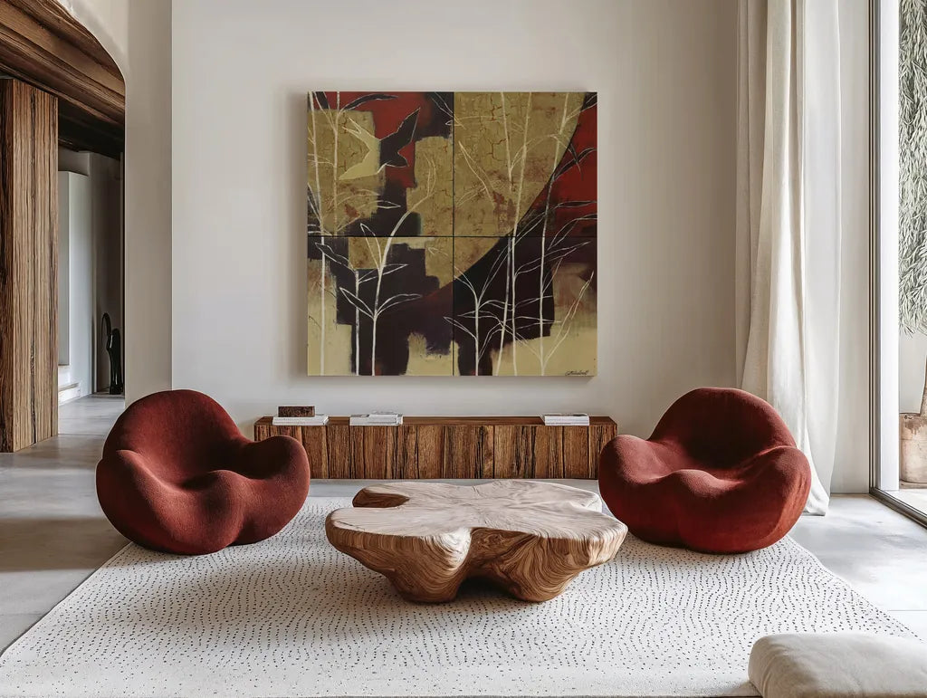 Sun and Stems by Kathrine Lovell. Shown as extra-large giant wall art in a modern living room. Available as an archival giclee rolled canvas, fine art paper, or poster print. SKU 9134a.