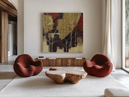 Sun and Stems by Kathrine Lovell. Shown as extra-large giant wall art in a modern living room. Available as an archival giclee rolled canvas, fine art paper, or poster print. SKU 9134a.