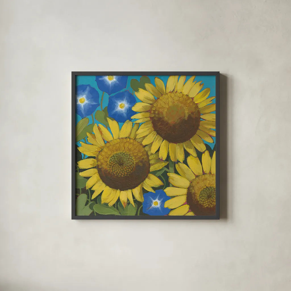 Sunflower Time by Kathrine Lovell. Shown in a sleek black glass frame for a contemporary gallery look. Available as an archival giclee rolled canvas, fine art paper, or poster print. SKU 24412a.