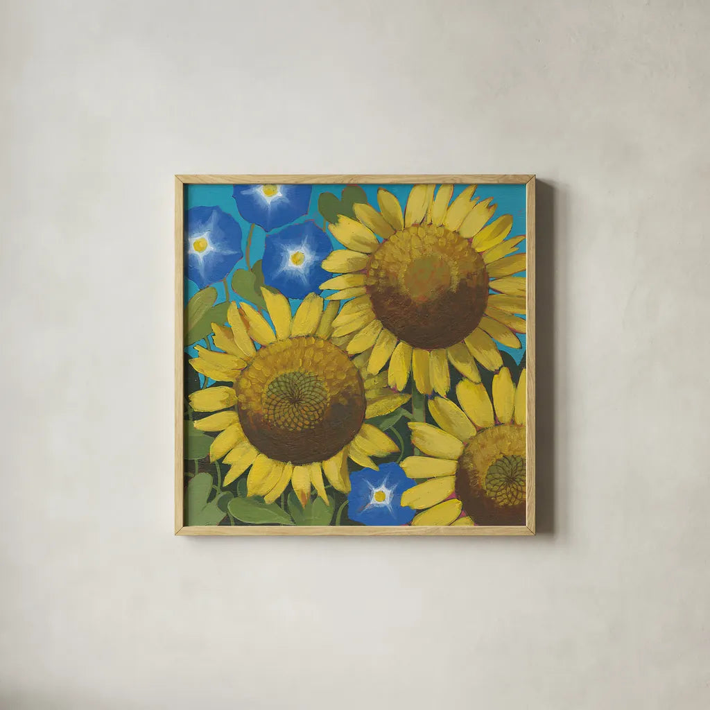 Sunflower Time by Kathrine Lovell. Shown in a natural wood glass frame for a timeless modern aesthetic. Available as an archival giclee rolled canvas, fine art paper, or poster print. SKU 24412a.