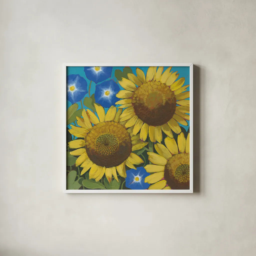 Sunflower Time by Kathrine Lovell. Shown in a crisp white glass frame for a clean and minimalist style. Available as an archival giclee rolled canvas, fine art paper, or poster print. SKU 24412a.