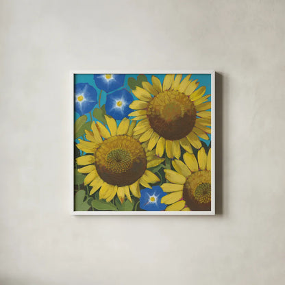 Sunflower Time by Kathrine Lovell. Shown in a crisp white glass frame for a clean and minimalist style. Available as an archival giclee rolled canvas, fine art paper, or poster print. SKU 24412a.