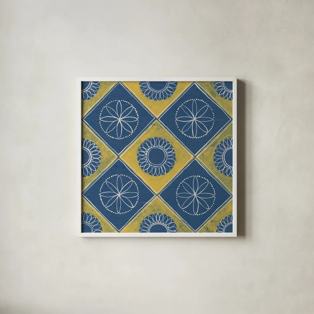 Sunny Designs III by Kathrine Lovell. Shown in a crisp white glass frame for a clean and minimalist style. Available as an archival giclee rolled canvas, fine art paper, or poster print. SKU 32443a.