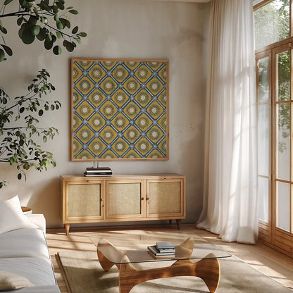 Sunny Designs IV by Kathrine Lovell. Shown in a natural wood frame in a cozy modern living room. Available as an archival giclee rolled canvas, fine art paper, or poster print. SKU 32444a.