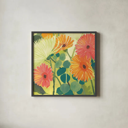 Tangerine Garden I Crop by Kathrine Lovell. Shown in a sleek black glass frame for a contemporary gallery look. Available as an archival giclee rolled canvas, fine art paper, or poster print. SKU 3402a.