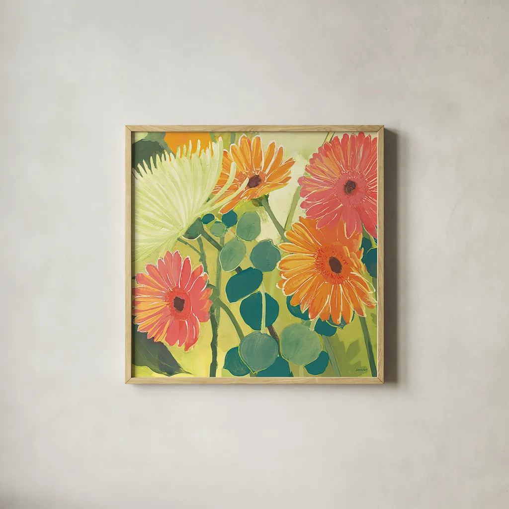 Tangerine Garden I Crop by Kathrine Lovell. Shown in a natural wood glass frame for a timeless modern aesthetic. Available as an archival giclee rolled canvas, fine art paper, or poster print. SKU 3402a.