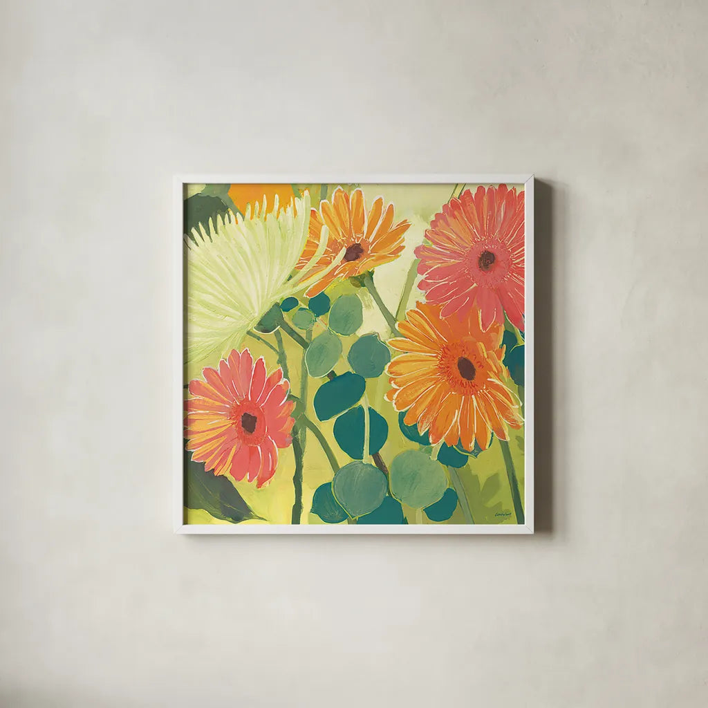 Tangerine Garden I Crop by Kathrine Lovell. Shown in a crisp white glass frame for a clean and minimalist style. Available as an archival giclee rolled canvas, fine art paper, or poster print. SKU 3402a.