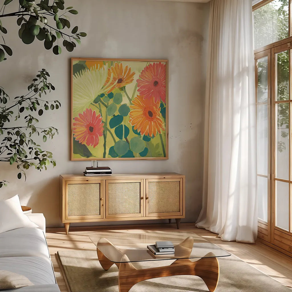 Tangerine Garden I Crop by Kathrine Lovell. Shown in a natural wood frame in a cozy modern living room. Available as an archival giclee rolled canvas, fine art paper, or poster print. SKU 3402a.