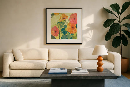 Tangerine Garden I Crop by Kathrine Lovell. Displayed in a glass frame with matte in a clean modern living room. Available as an archival giclee rolled canvas, fine art paper, or poster print. SKU 3402a.