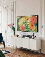 Tangerine Garden I Crop by Kathrine Lovell. shown as a framed stretched canvas in a living room above a console. Available as a archival giclee rolled canvas, fine art paper, or poster print. SKU 3402i.