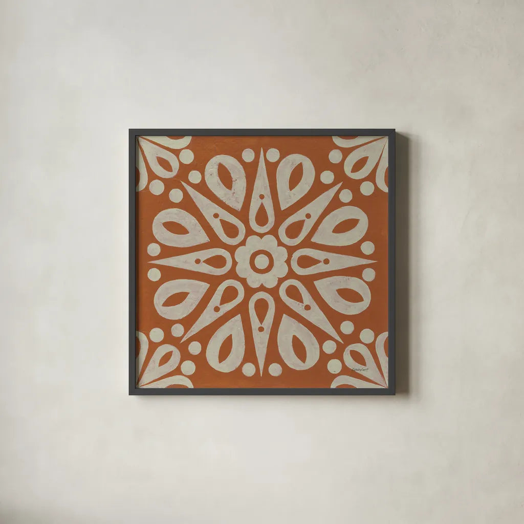 Terra Cotta Tile I by Kathrine Lovell. Shown in a sleek black glass frame for a contemporary gallery look. Available as an archival giclee rolled canvas, fine art paper, or poster print. SKU 55517a.