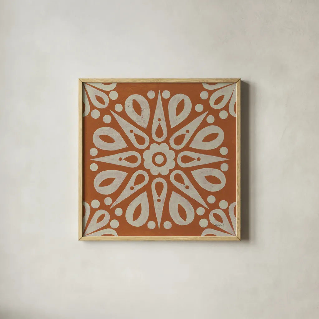Terra Cotta Tile I by Kathrine Lovell. Shown in a natural wood glass frame for a timeless modern aesthetic. Available as an archival giclee rolled canvas, fine art paper, or poster print. SKU 55517a.