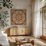 Terra Cotta Tile II by Kathrine Lovell. Shown in a natural wood frame in a cozy modern living room. Available as an archival giclee rolled canvas, fine art paper, or poster print. SKU 55518a.