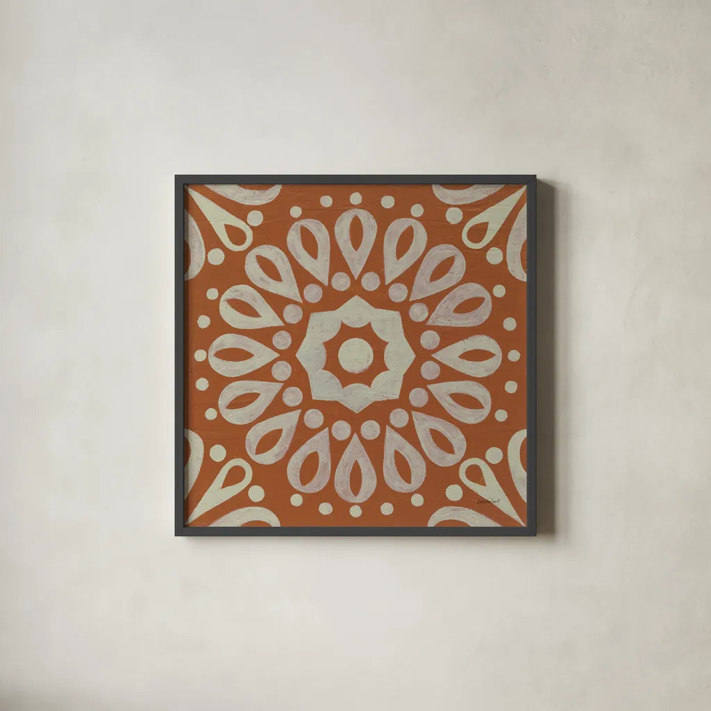 Terra Cotta Tile III by Kathrine Lovell. Shown in a sleek black glass frame for a contemporary gallery look. Available as an archival giclee rolled canvas, fine art paper, or poster print. SKU 55519a.