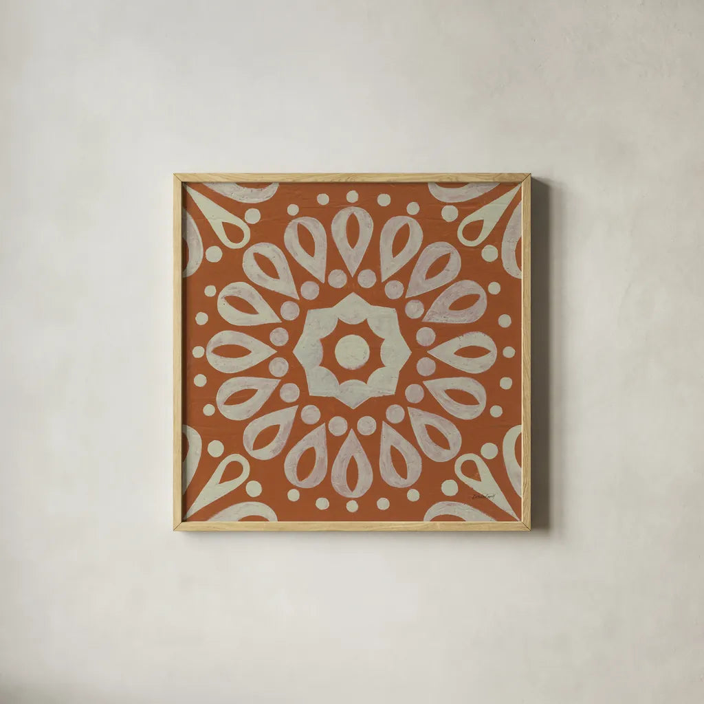 Terra Cotta Tile III by Kathrine Lovell. Shown in a natural wood glass frame for a timeless modern aesthetic. Available as an archival giclee rolled canvas, fine art paper, or poster print. SKU 55519a.