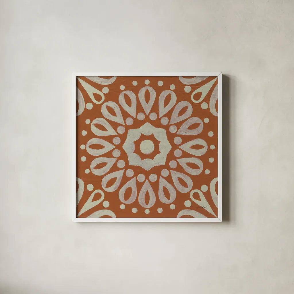 Terra Cotta Tile III by Kathrine Lovell. Shown in a crisp white glass frame for a clean and minimalist style. Available as an archival giclee rolled canvas, fine art paper, or poster print. SKU 55519a.