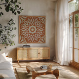 Terra Cotta Tile III by Kathrine Lovell. Shown in a natural wood frame in a cozy modern living room. Available as an archival giclee rolled canvas, fine art paper, or poster print. SKU 55519a.