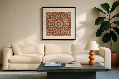 Terra Cotta Tile III by Kathrine Lovell. Displayed in a glass frame with matte in a clean modern living room. Available as an archival giclee rolled canvas, fine art paper, or poster print. SKU 55519a.