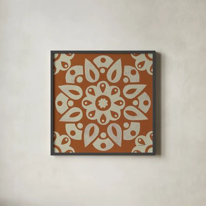 Terra Cotta Tile IV by Kathrine Lovell. Shown in a sleek black glass frame for a contemporary gallery look. Available as an archival giclee rolled canvas, fine art paper, or poster print. SKU 55520a.