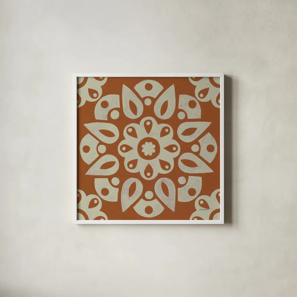 Terra Cotta Tile IV by Kathrine Lovell. Shown in a crisp white glass frame for a clean and minimalist style. Available as an archival giclee rolled canvas, fine art paper, or poster print. SKU 55520a.