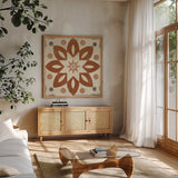Terracotta Tile I by Kathrine Lovell. Shown in a natural wood frame in a cozy modern living room. Available as an archival giclee rolled canvas, fine art paper, or poster print. SKU 68394a.