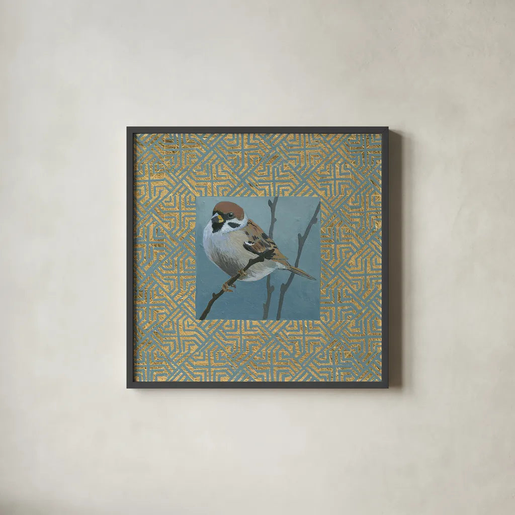 The Sparrow by Kathrine Lovell. Shown in a sleek black glass frame for a contemporary gallery look. Available as an archival giclee rolled canvas, fine art paper, or poster print. SKU 24446a.