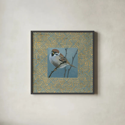 The Sparrow by Kathrine Lovell. Shown in a sleek black glass frame for a contemporary gallery look. Available as an archival giclee rolled canvas, fine art paper, or poster print. SKU 24446a.