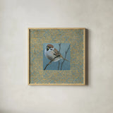 The Sparrow by Kathrine Lovell. Shown in a natural wood glass frame for a timeless modern aesthetic. Available as an archival giclee rolled canvas, fine art paper, or poster print. SKU 24446a.