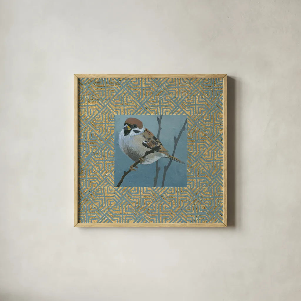The Sparrow by Kathrine Lovell. Shown in a natural wood glass frame for a timeless modern aesthetic. Available as an archival giclee rolled canvas, fine art paper, or poster print. SKU 24446a.