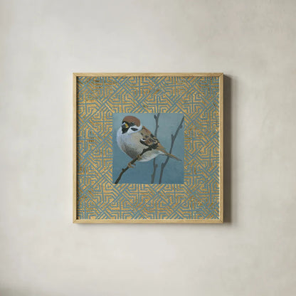The Sparrow by Kathrine Lovell. Shown in a natural wood glass frame for a timeless modern aesthetic. Available as an archival giclee rolled canvas, fine art paper, or poster print. SKU 24446a.
