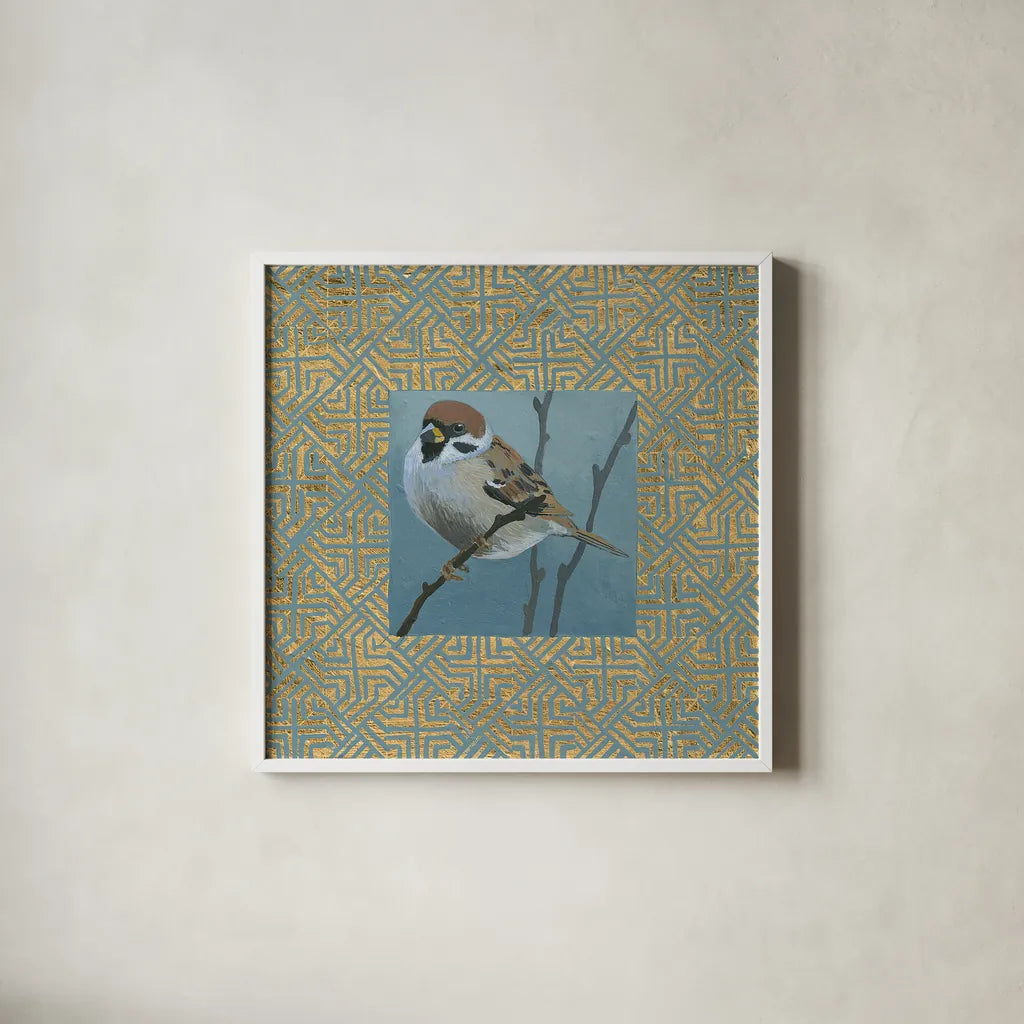 The Sparrow by Kathrine Lovell. Shown in a crisp white glass frame for a clean and minimalist style. Available as an archival giclee rolled canvas, fine art paper, or poster print. SKU 24446a.