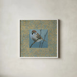 The Sparrow by Kathrine Lovell. Shown in a crisp white glass frame for a clean and minimalist style. Available as an archival giclee rolled canvas, fine art paper, or poster print. SKU 24446a.