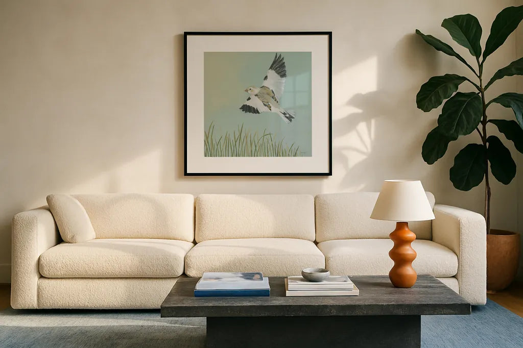 Turning the Season II by Kathrine Lovell. Displayed in a glass frame with matte in a clean modern living room. Available as an archival giclee rolled canvas, fine art paper, or poster print. SKU 43432a.