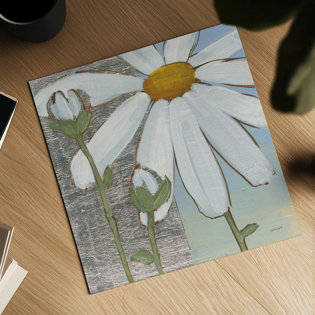 White Daisy Square I by Kathrine Lovell. Shown as a detailed flat fine art print, highlighting archival giclee quality. Available as an archival giclee rolled canvas, fine art paper, or poster print. SKU 43437a.
