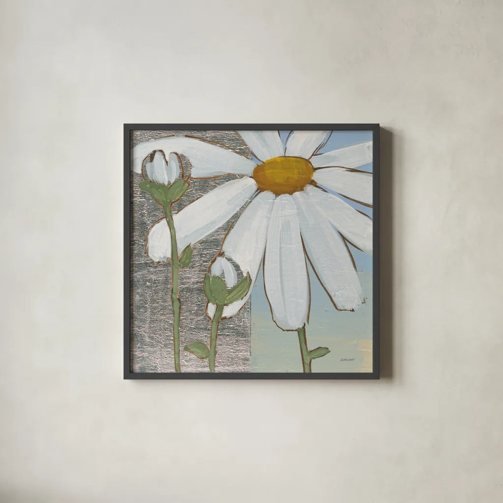 White Daisy Square I by Kathrine Lovell. Shown in a sleek black glass frame for a contemporary gallery look. Available as an archival giclee rolled canvas, fine art paper, or poster print. SKU 43437a.
