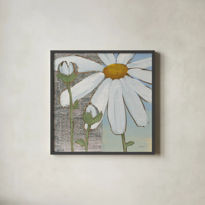 White Daisy Square I by Kathrine Lovell. Shown in a sleek black glass frame for a contemporary gallery look. Available as an archival giclee rolled canvas, fine art paper, or poster print. SKU 43437a.
