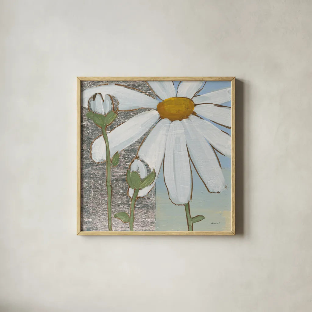 White Daisy Square I by Kathrine Lovell. Shown in a natural wood glass frame for a timeless modern aesthetic. Available as an archival giclee rolled canvas, fine art paper, or poster print. SKU 43437a.