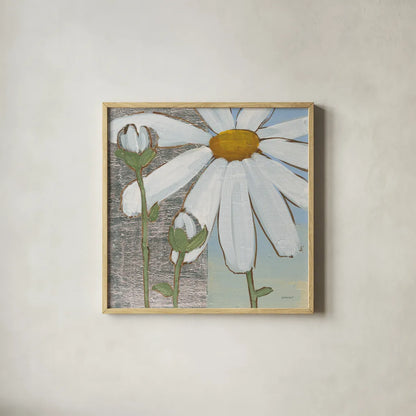 White Daisy Square I by Kathrine Lovell. Shown in a natural wood glass frame for a timeless modern aesthetic. Available as an archival giclee rolled canvas, fine art paper, or poster print. SKU 43437a.