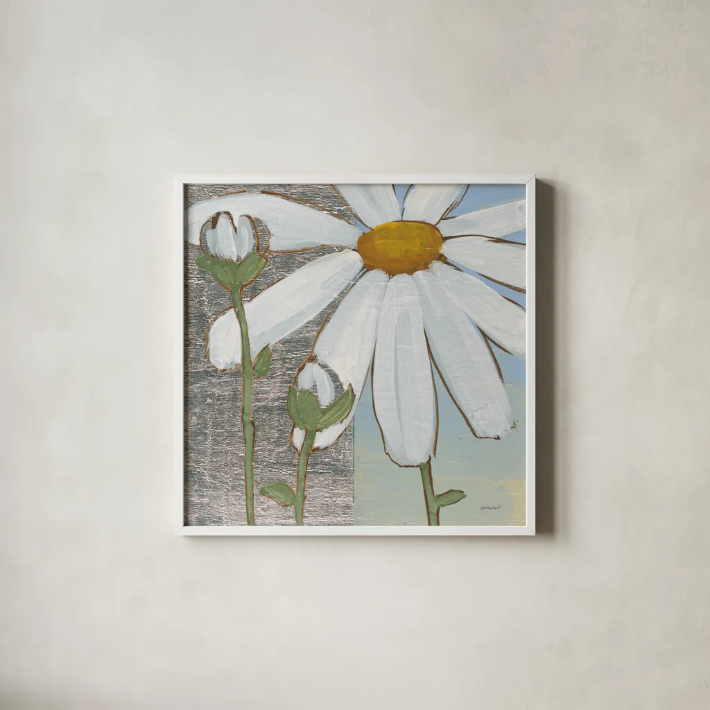 White Daisy Square I by Kathrine Lovell. Shown in a crisp white glass frame for a clean and minimalist style. Available as an archival giclee rolled canvas, fine art paper, or poster print. SKU 43437a.