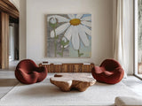 White Daisy Square I by Kathrine Lovell. Shown as extra-large giant wall art in a modern living room. Available as an archival giclee rolled canvas, fine art paper, or poster print. SKU 43437a.