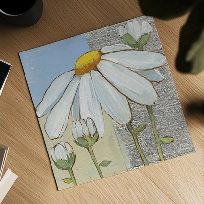 White Daisy Square II by Kathrine Lovell. Shown as a detailed flat fine art print, highlighting archival giclee quality. Available as an archival giclee rolled canvas, fine art paper, or poster print. SKU 43436a.