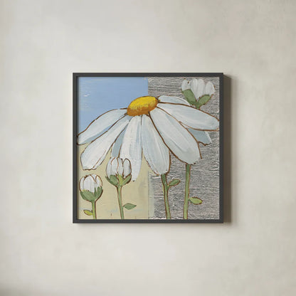 White Daisy Square II by Kathrine Lovell. Shown in a sleek black glass frame for a contemporary gallery look. Available as an archival giclee rolled canvas, fine art paper, or poster print. SKU 43436a.