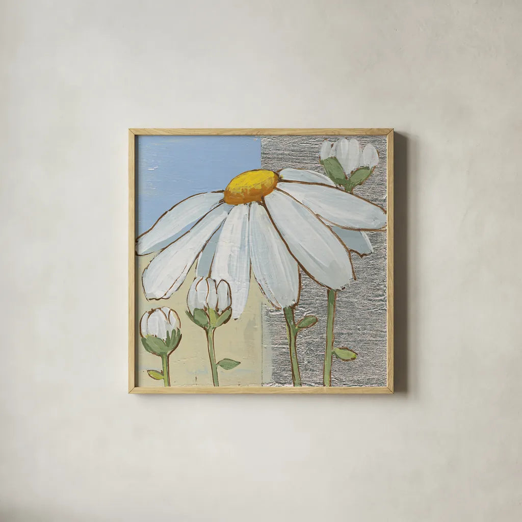 White Daisy Square II by Kathrine Lovell. Shown in a natural wood glass frame for a timeless modern aesthetic. Available as an archival giclee rolled canvas, fine art paper, or poster print. SKU 43436a.