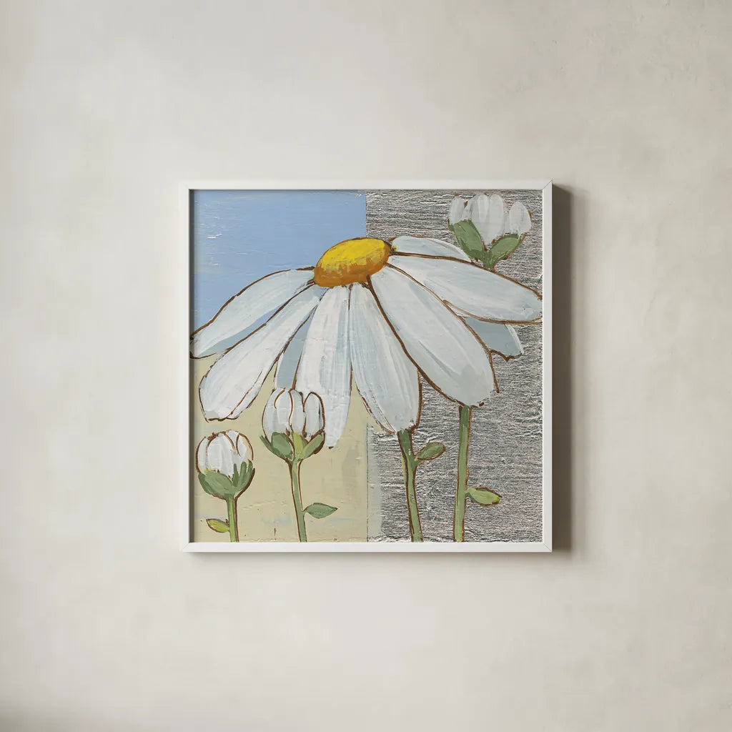 White Daisy Square II by Kathrine Lovell. Shown in a crisp white glass frame for a clean and minimalist style. Available as an archival giclee rolled canvas, fine art paper, or poster print. SKU 43436a.