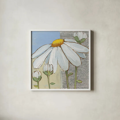 White Daisy Square II by Kathrine Lovell. Shown in a crisp white glass frame for a clean and minimalist style. Available as an archival giclee rolled canvas, fine art paper, or poster print. SKU 43436a.